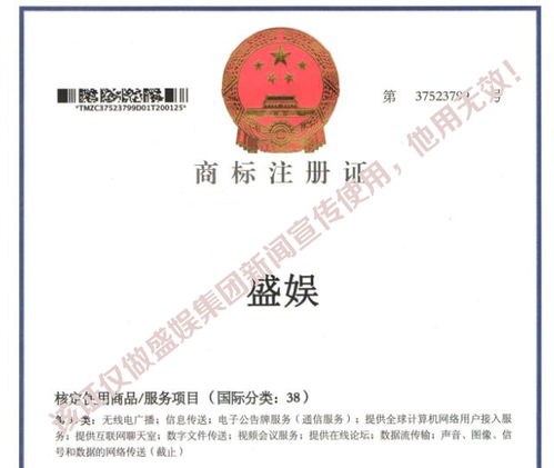 喜訊 熱烈祝賀盛娛國際影業投資集團成功取得多項國家商標證書