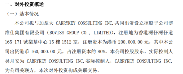 博維仕擬與加拿大共同出資港幣20萬(wàn)設(shè)立控股子公司博維仕集團(tuán) 其中公司出資港幣16萬(wàn)
